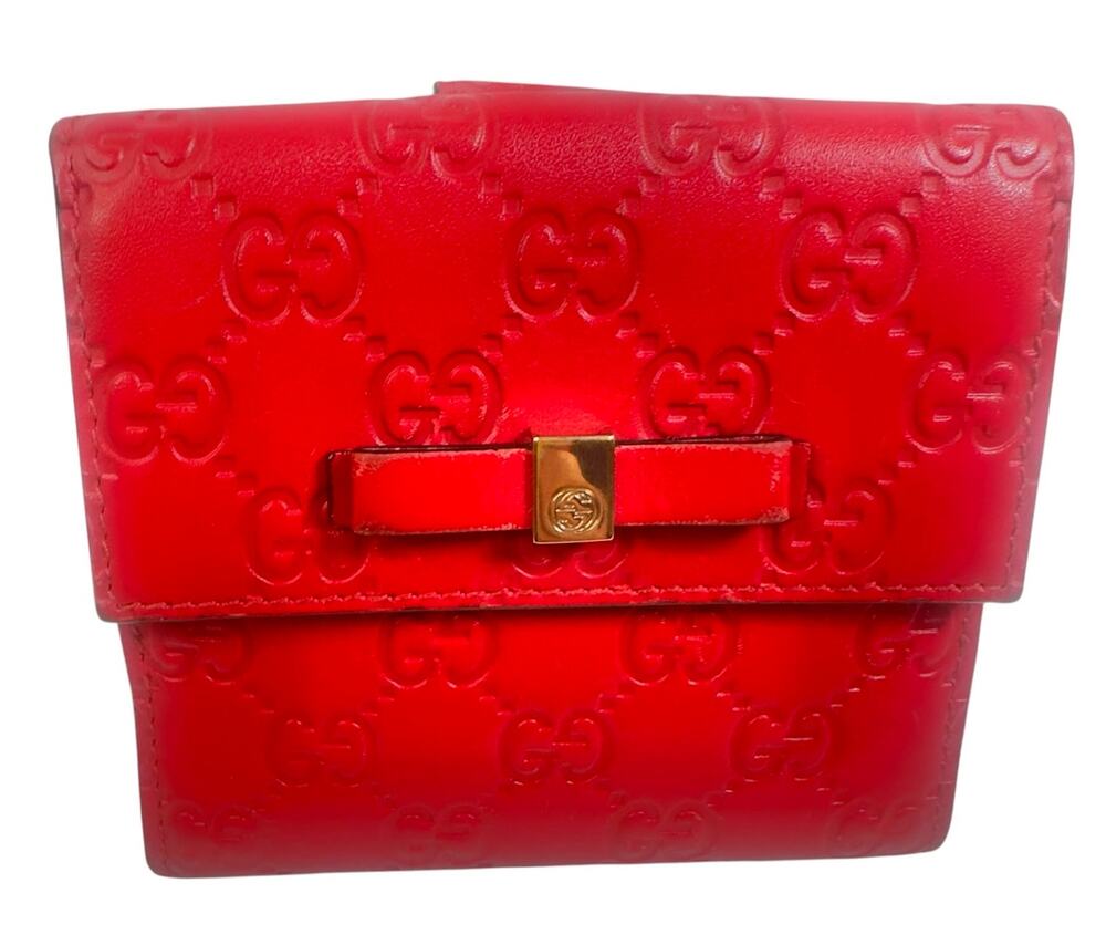 Gucci Guccissima Red Leather Compact Wallet Bow Detail Made in Italy